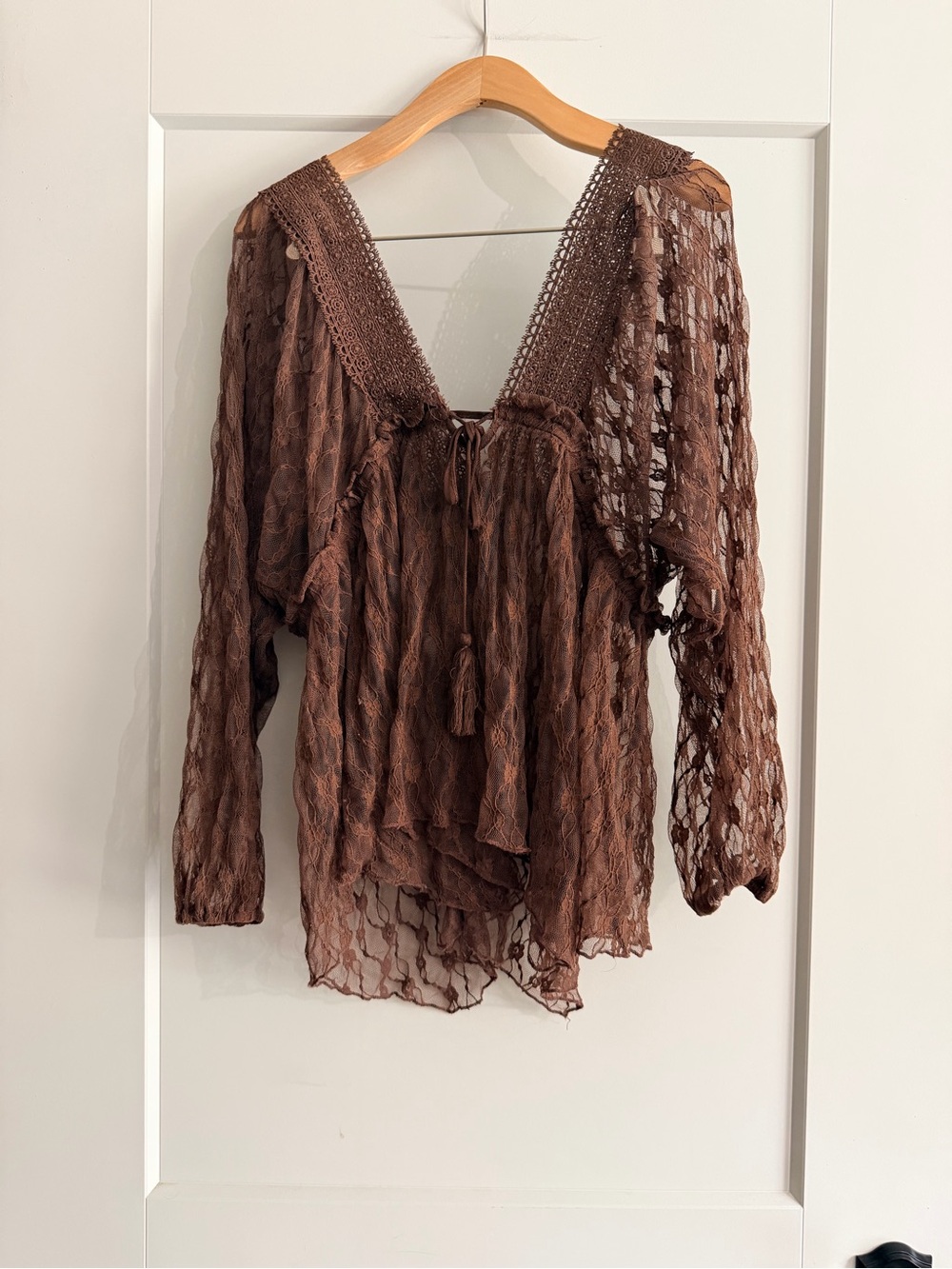 Daytrip Brown Crochet V-Neck Sheer Boho Blouse